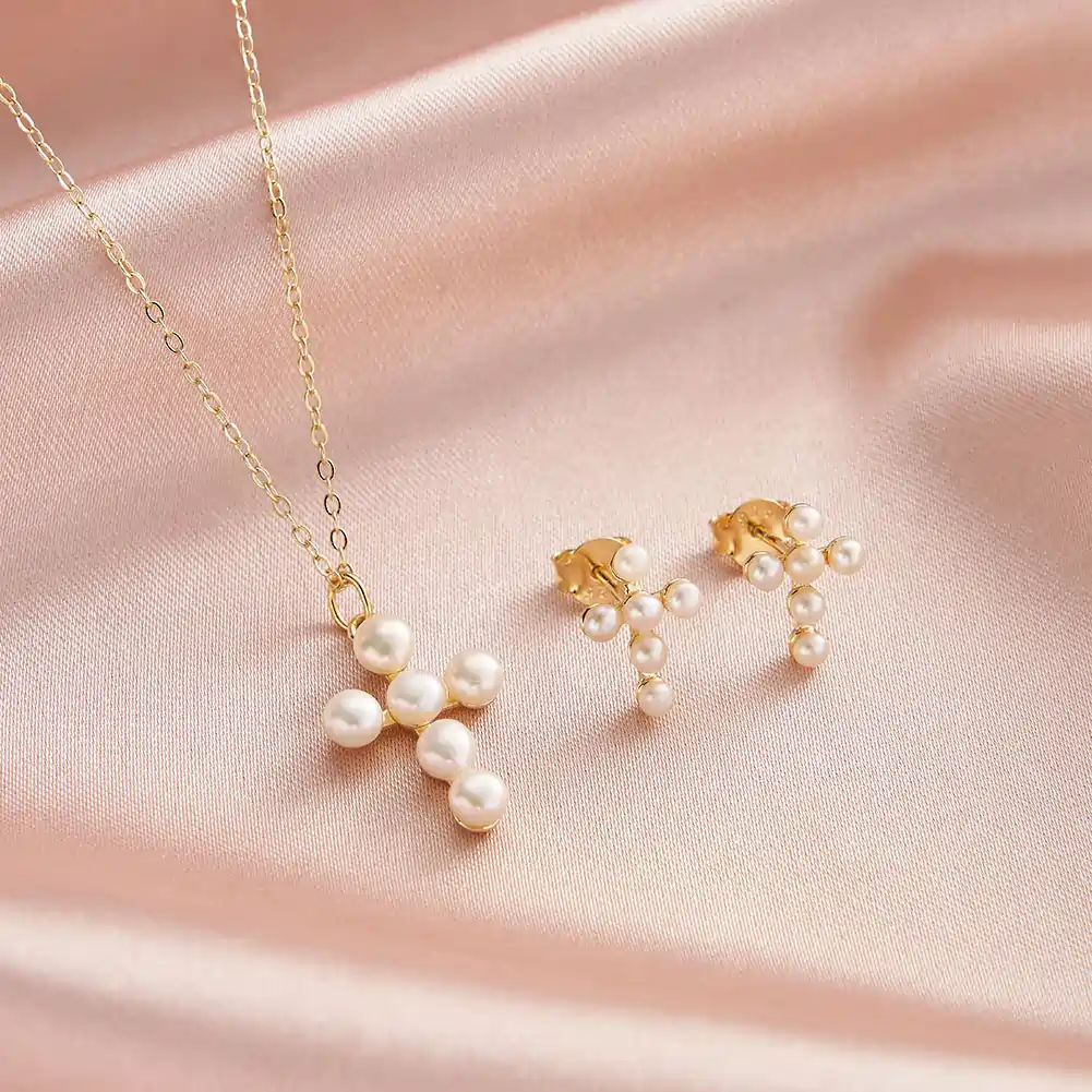Colier din Argint cu Perle Naturale de Cultură Pearl Cross Charm Gold [4]