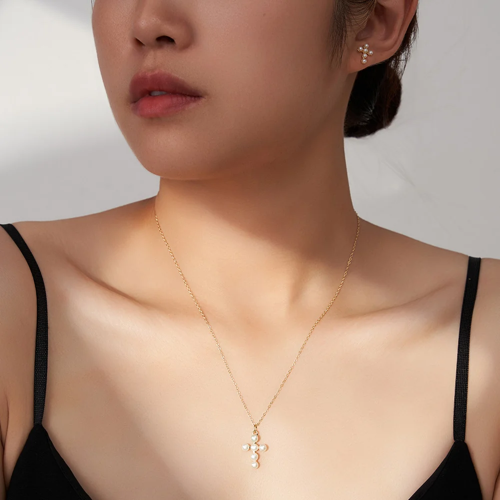Colier din Argint cu Perle Naturale de Cultură Pearl Cross Charm Gold [5]