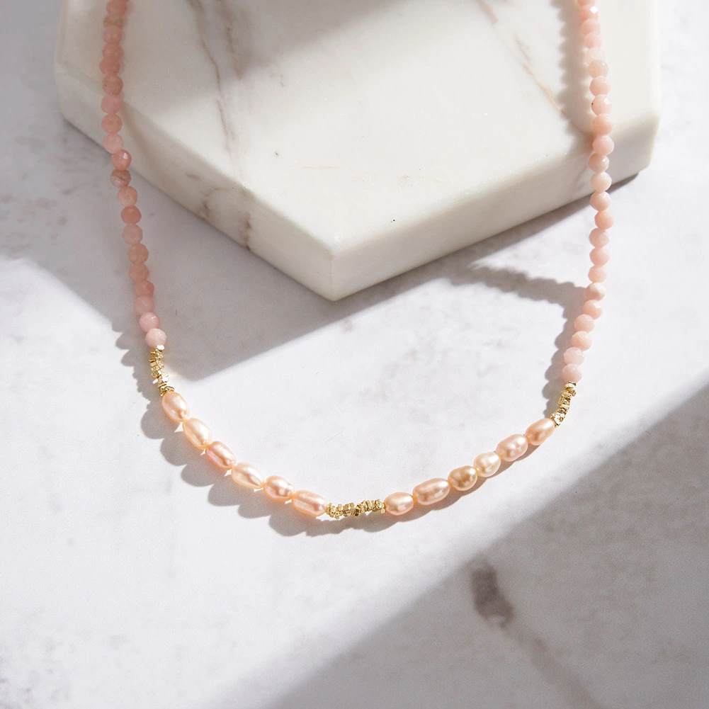 Colier din Argint cu Perle și Pietre Naturale Cuarț Blush Pearl Layered [3]