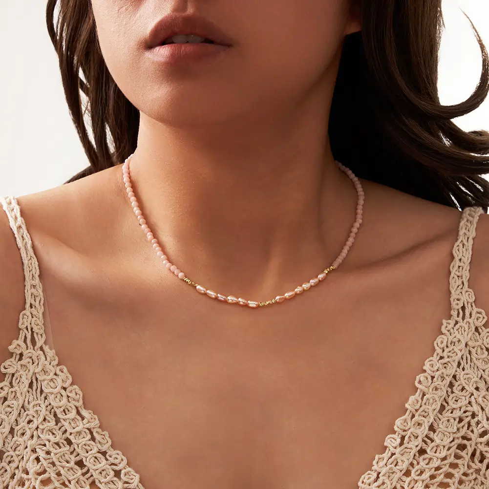 Colier din Argint cu Perle și Pietre Naturale Cuarț Blush Pearl Layered [6]