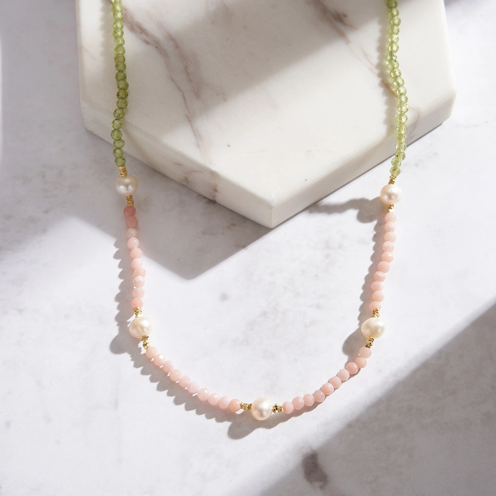 Colier din Argint cu Perle și Pietre Naturale Cuarț și Peridot Blush & Green Grace [2]