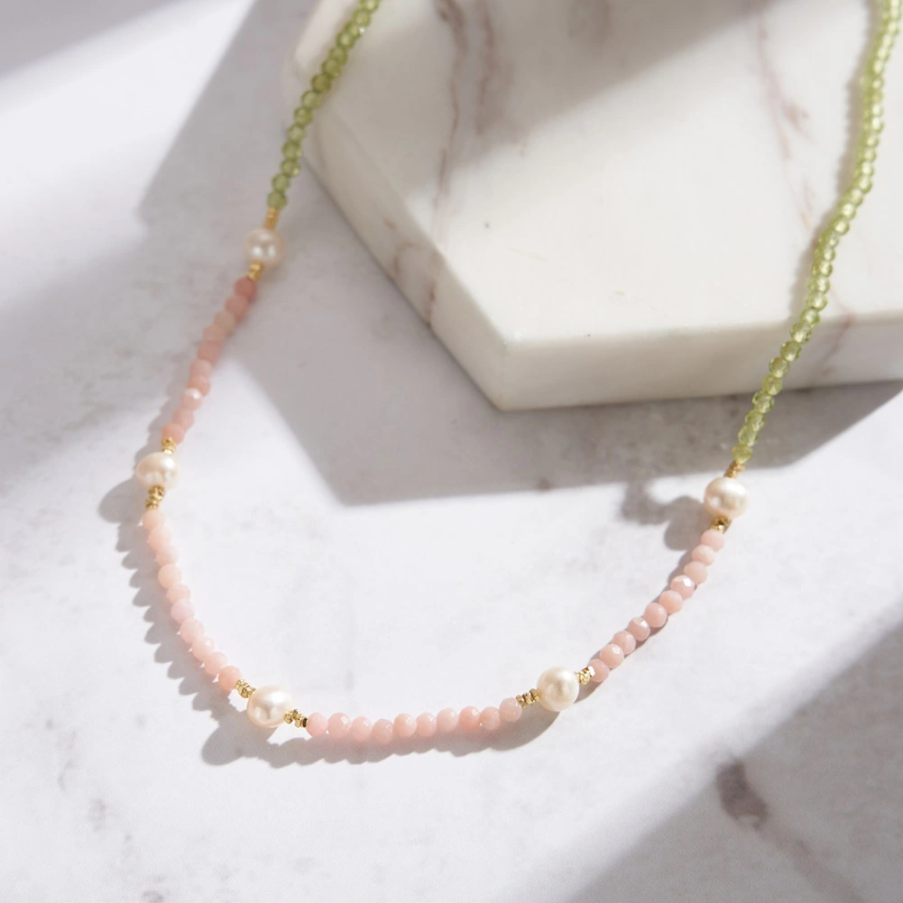Colier din Argint cu Perle și Pietre Naturale Cuarț și Peridot Blush & Green Grace [4]