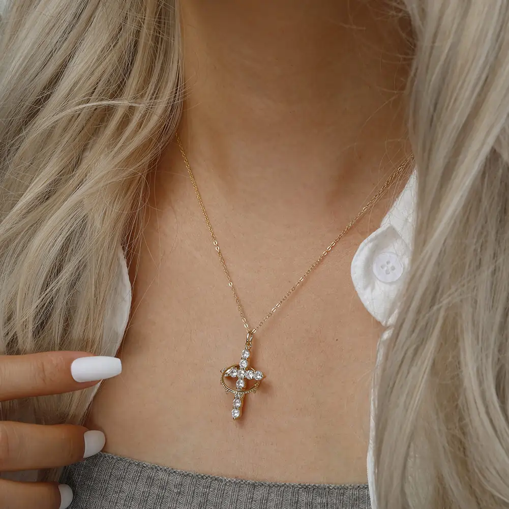 Colier din argint cu zirconiu Cross Crown Auriu [4]