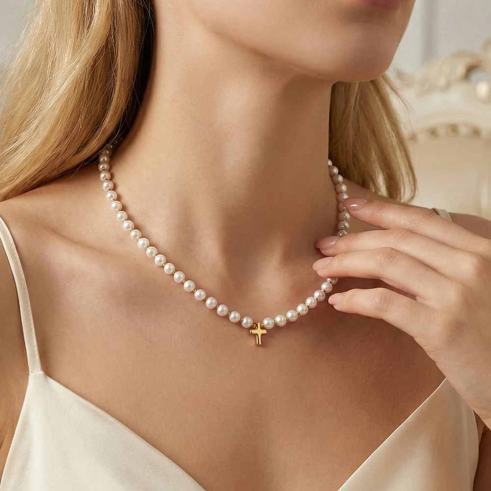 Colier Statement cu Perle Shell și Cruce Cruz Auriu [4]