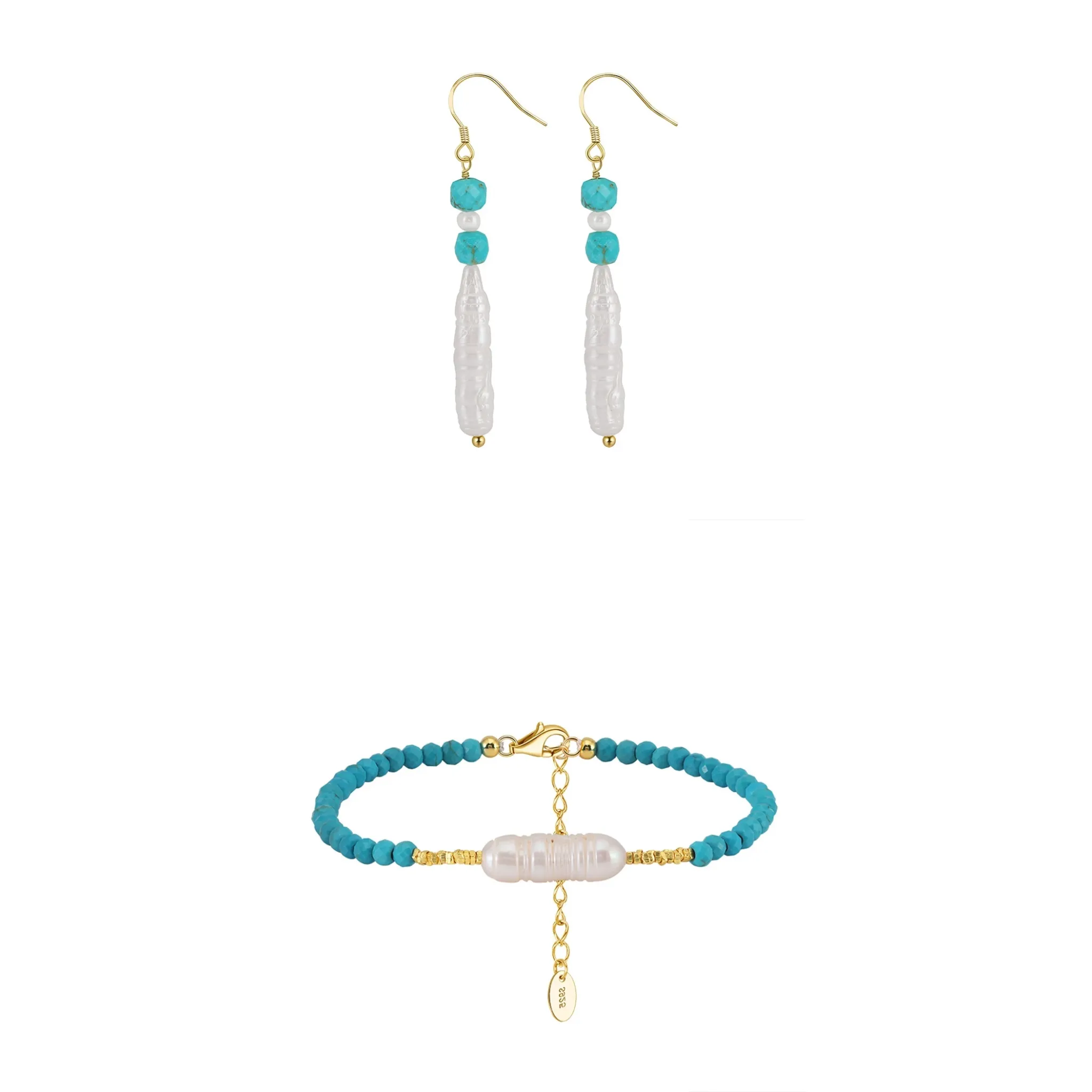 Set Brățară și Cercei din Argint cu Perle Naturale și Piatră Naturală Turcoaz Turquoise Gold [1]