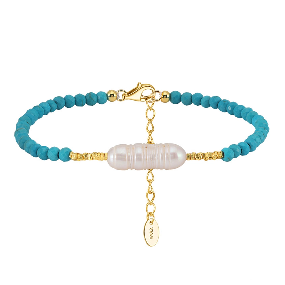 Set Brățară și Cercei din Argint cu Perle Naturale și Piatră Naturală Turcoaz Turquoise Gold [3]