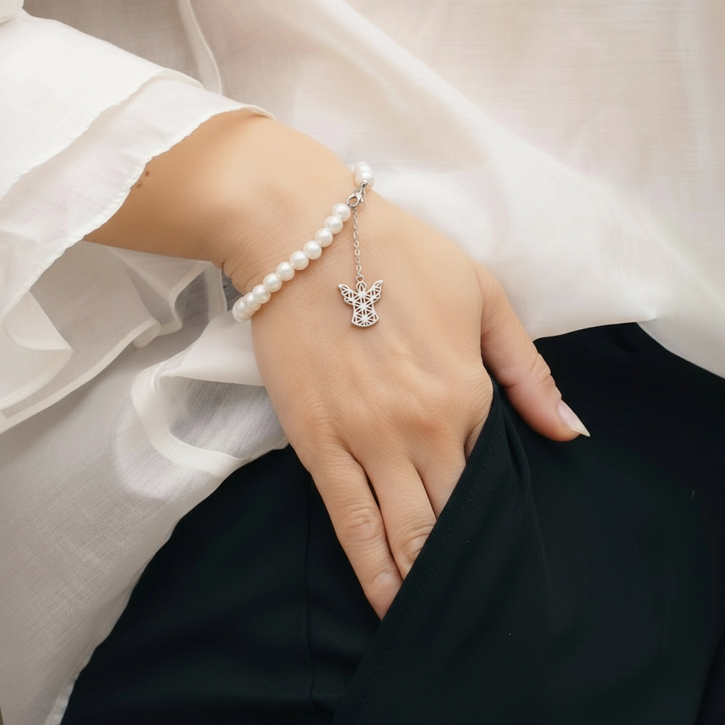 Set Colier, Brățară și Cercei din argint cu perle naturale de cultură mari Înger Argintiu [3]