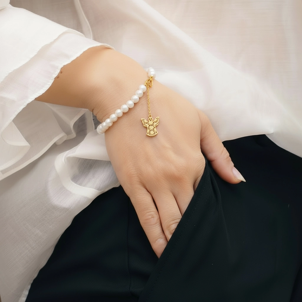 Set Colier, Brățară și Cercei din argint cu perle naturale de cultură mari Înger Auriu [4]