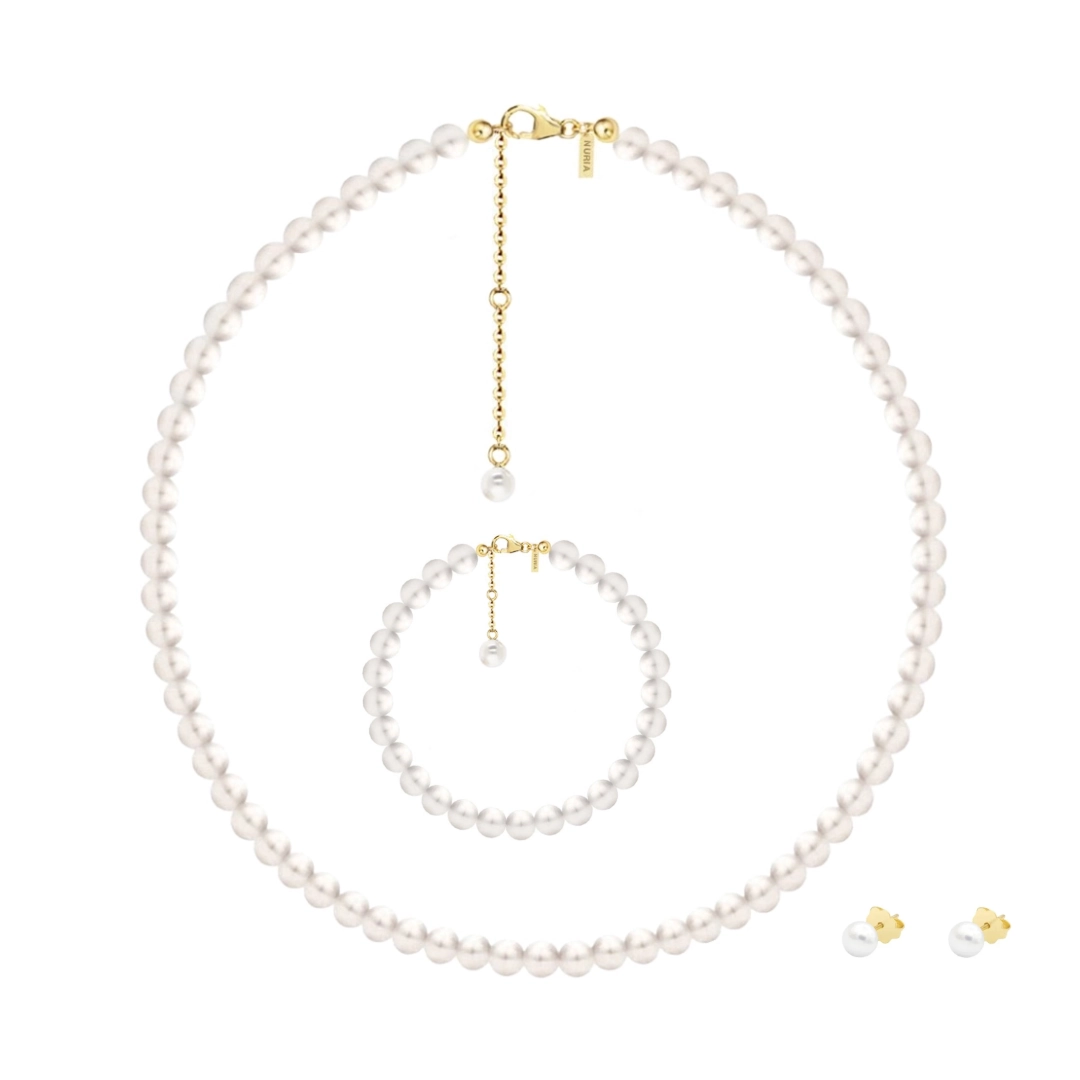 Set Colier, Brățară și Cercei din argint cu perle naturale de cultură Large Pearl String Gold [1]