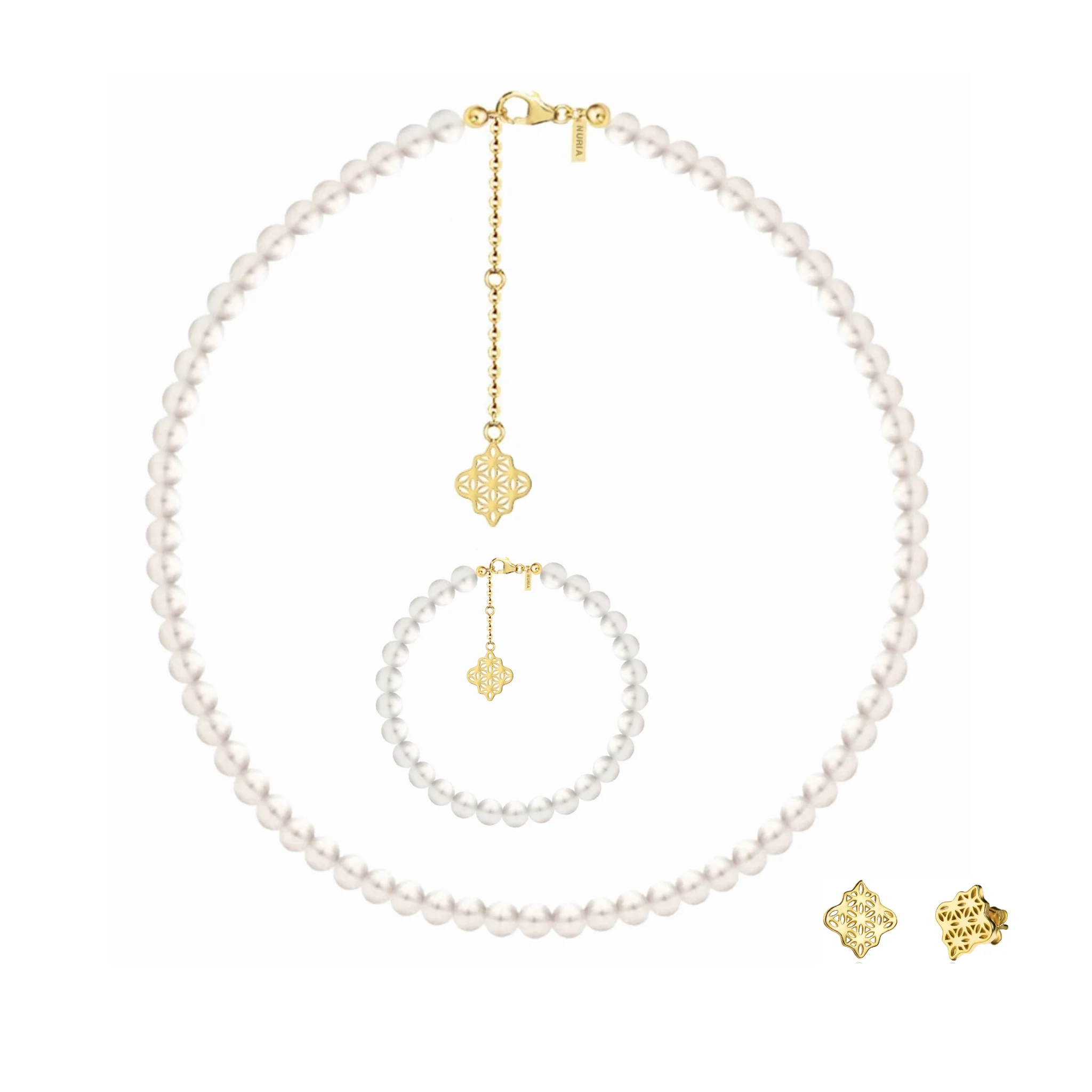 Set Colier, Brățară și Cercei din argint cu perle naturale de cultură mari Compas Auriu [1]