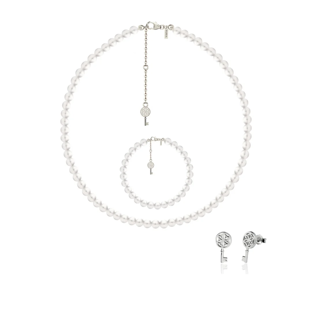Set Colier, Brățară și Cercei din argint cu perle naturale de cultură mari Cheie Argintiu [1]