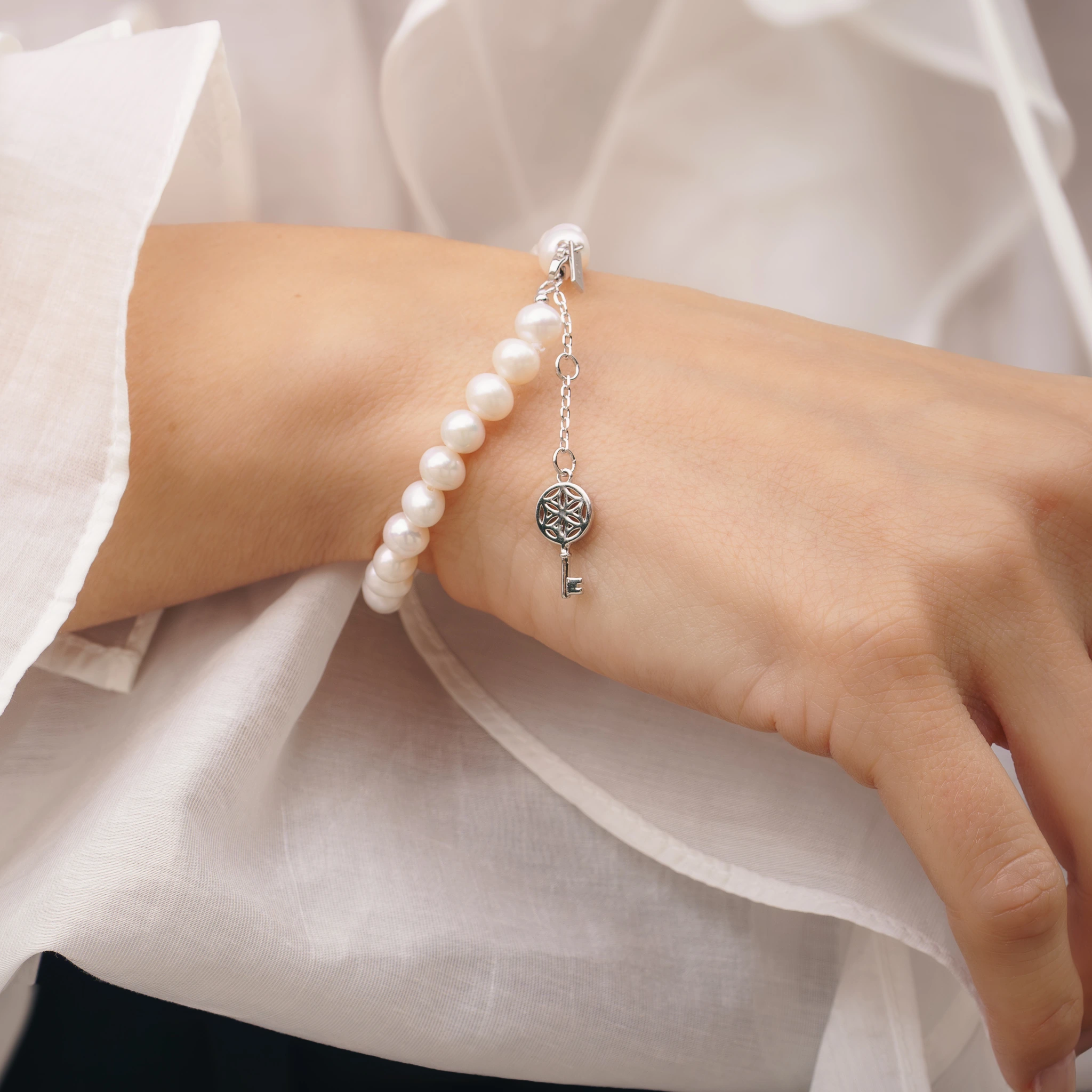 Set Colier, Brățară și Cercei din argint cu perle naturale de cultură mari Cheie Argintiu [3]