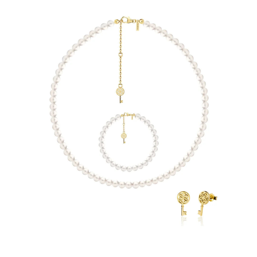 Set Colier, Brățară și Cercei din argint cu perle naturale de cultură mari Cheie Auriu [1]