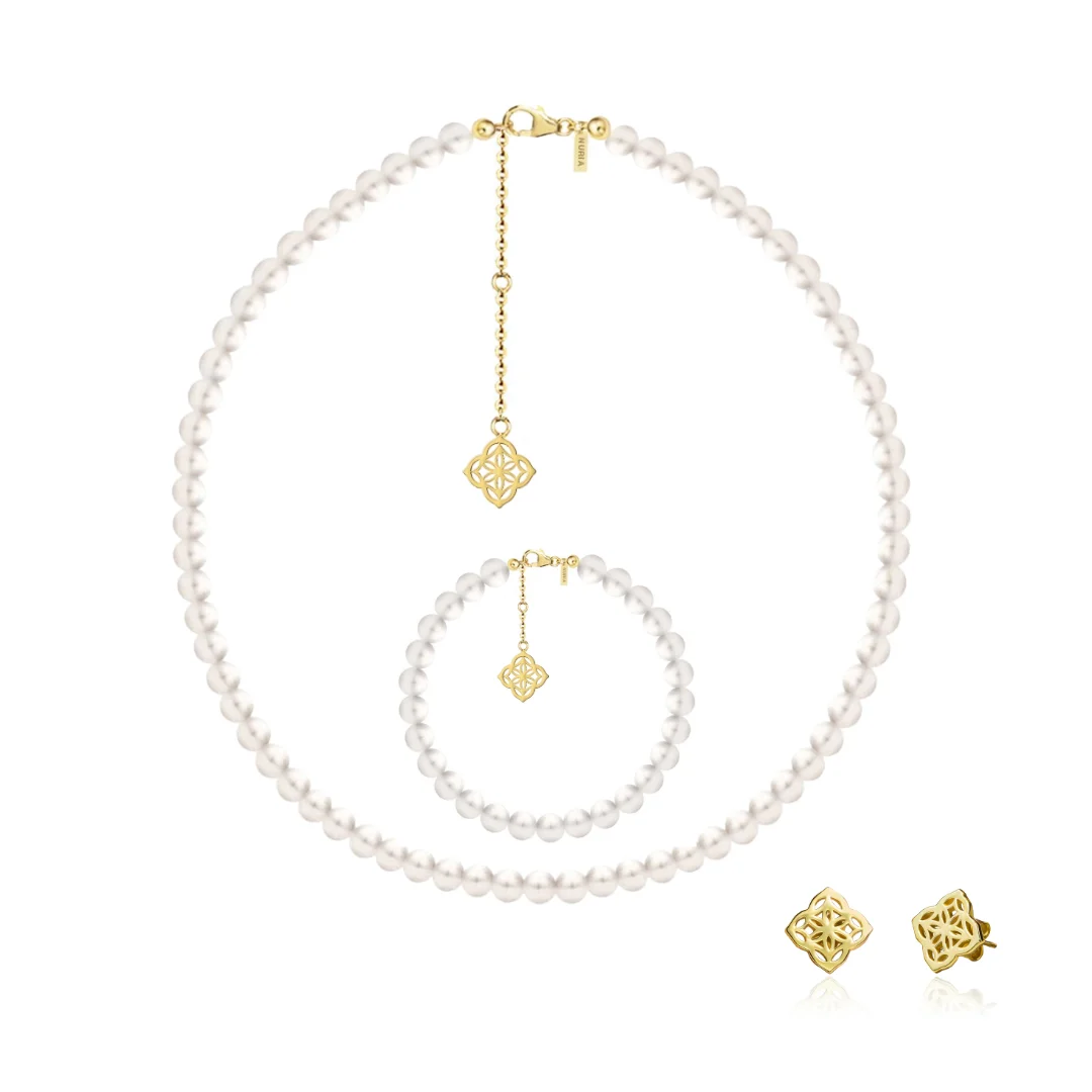 Set Colier, Brățară și Cercei din argint cu perle naturale de cultură mari Inimă Auriu [1]