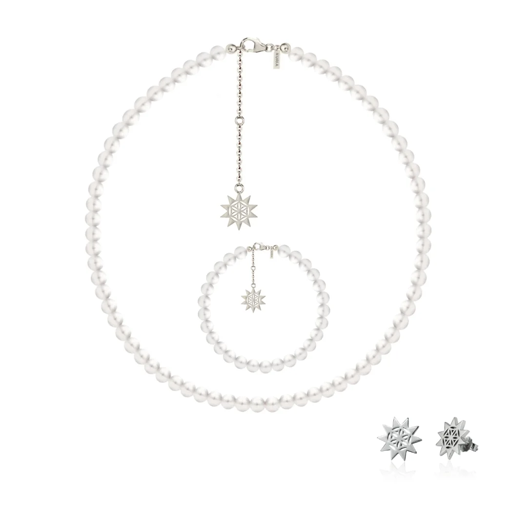 Set Colier, Brățară și Cercei din argint cu perle naturale de cultură mari Soare Argintiu [1]