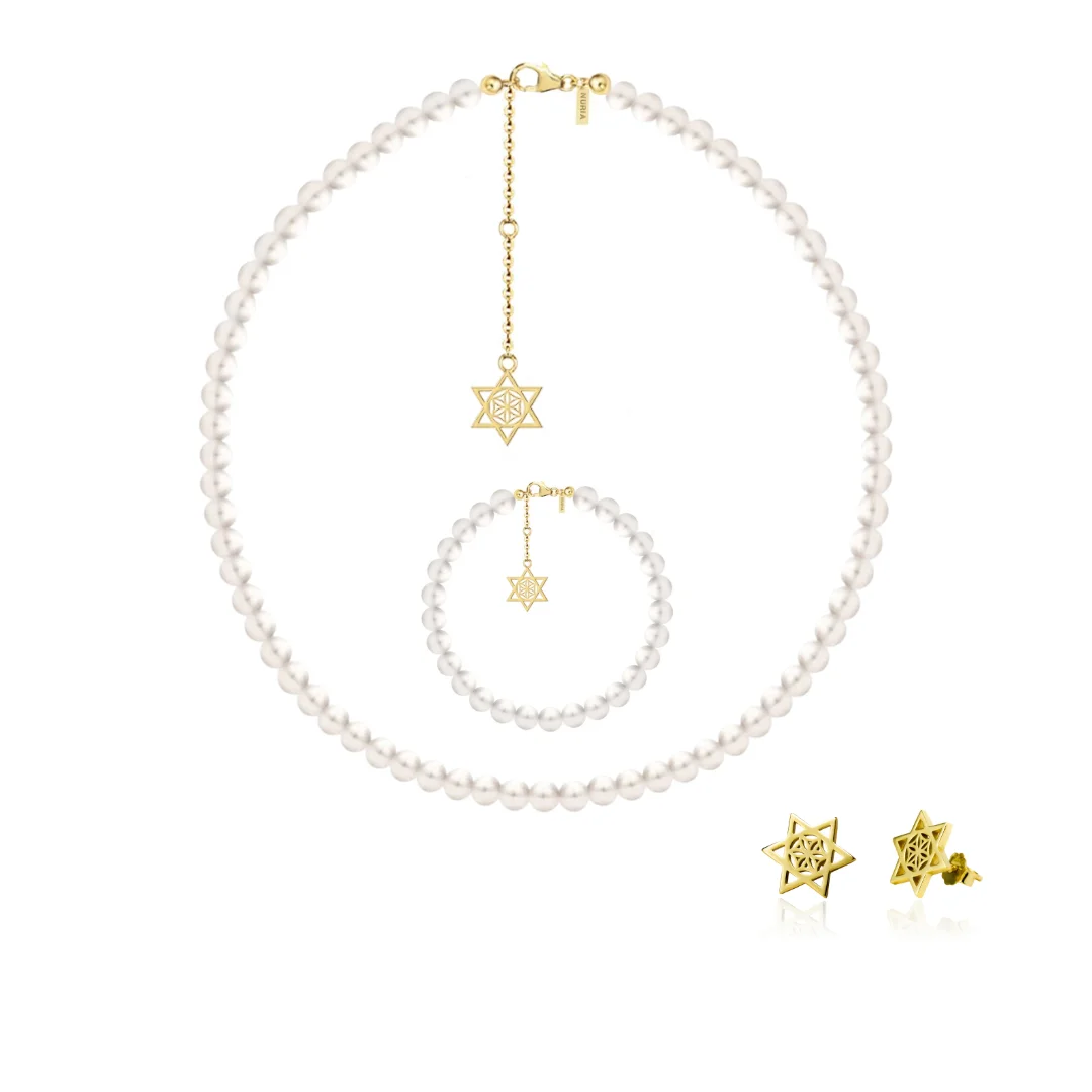 Set Colier, Brățară și Cercei din argint cu perle naturale de cultură mari Stea Auriu [1]