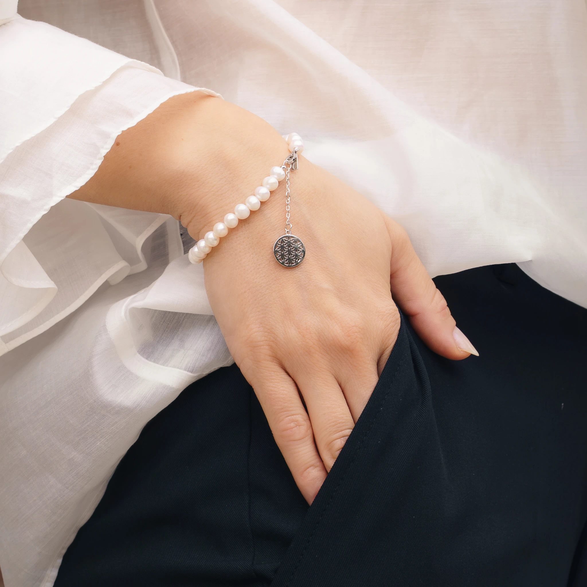 Set Colier, Brățară și Cercei din argint cu perle naturale de cultură mari Structură Argintiu [3]