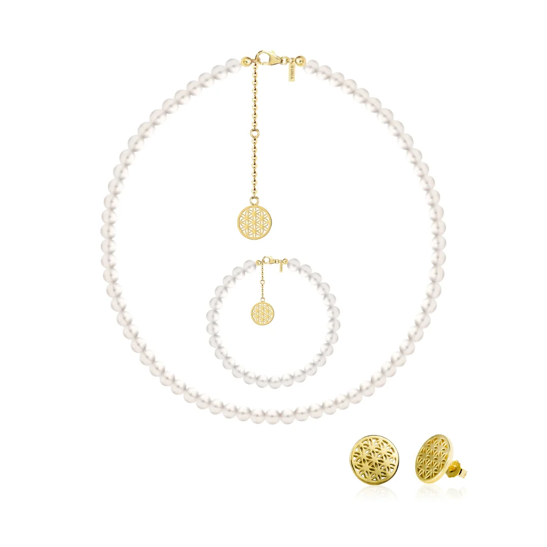 Set Colier, Brățară și Cercei din argint cu perle naturale de cultură mari Structură Auriu [1]