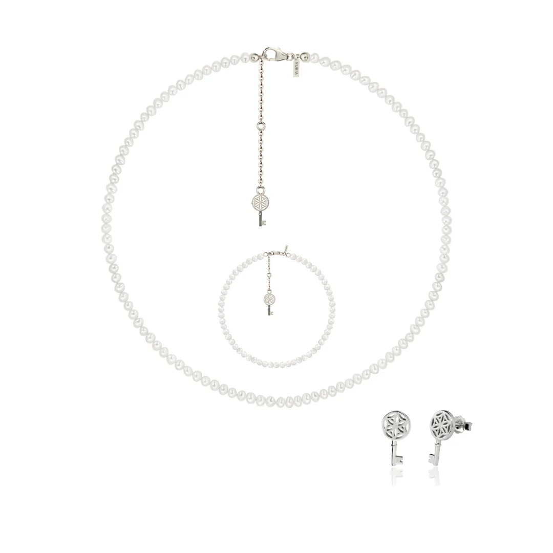 Set Colier, Brățară și Cercei din argint cu perle naturale de cultură mici Cheie Argintiu [1]