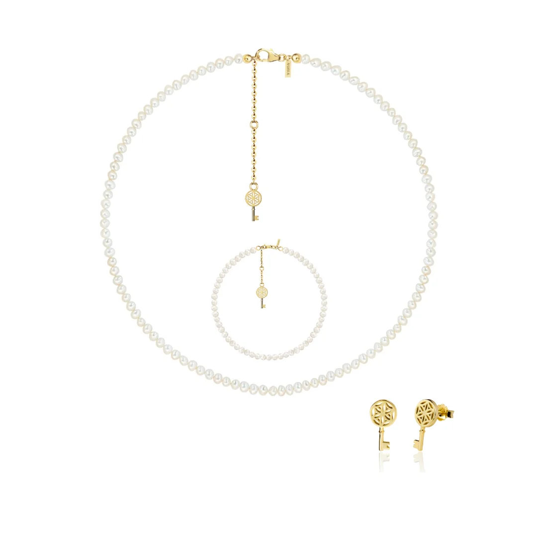 Set Colier, Brățară și Cercei din argint cu perle naturale de cultură mici Cheie Auriu [1]