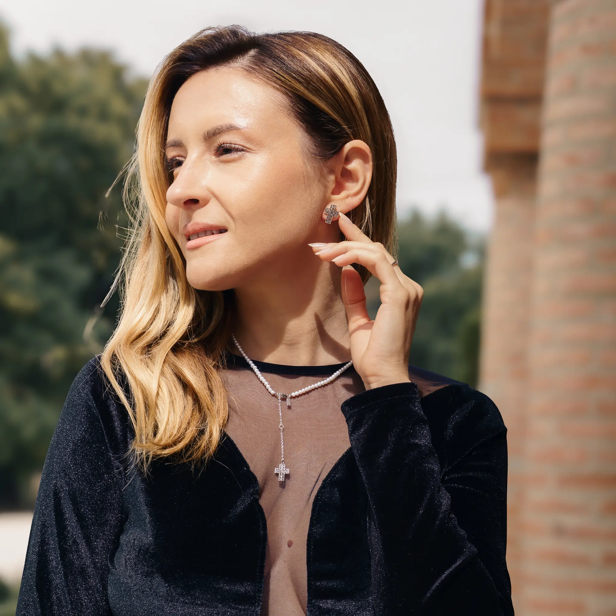 Set Colier, Brățară și Cercei din argint cu perle naturale de cultură mici Cruce Argintiu [3]