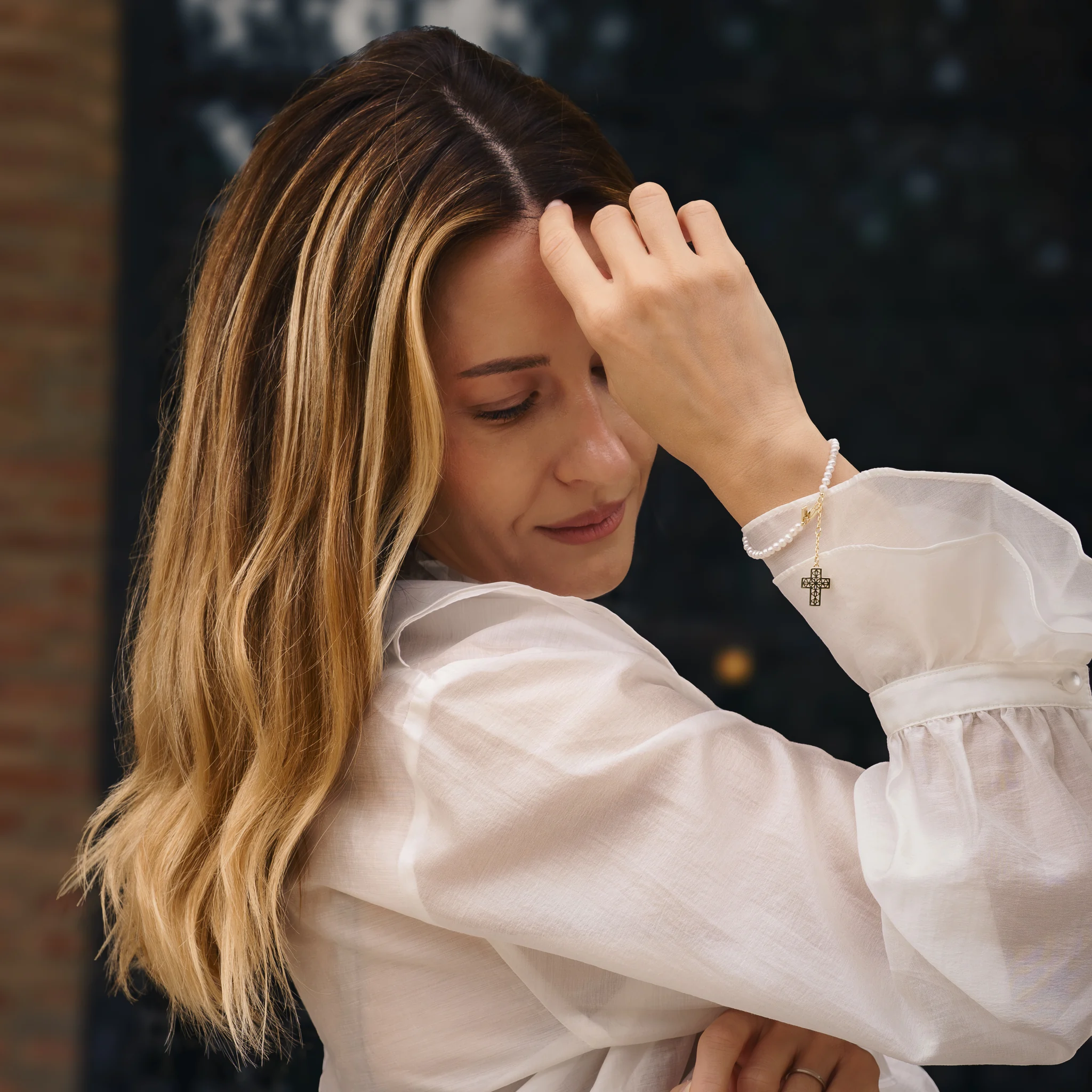 Set Colier, Brățară și Cercei din argint cu perle naturale de cultură mici Cruce Auriu [3]