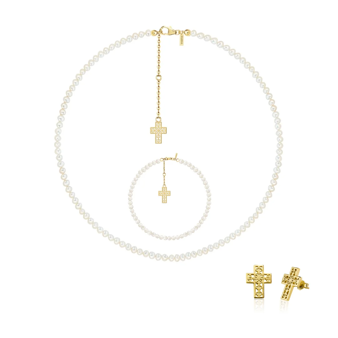 Set Colier, Brățară și Cercei din argint cu perle naturale de cultură mici Cruce Auriu [1]