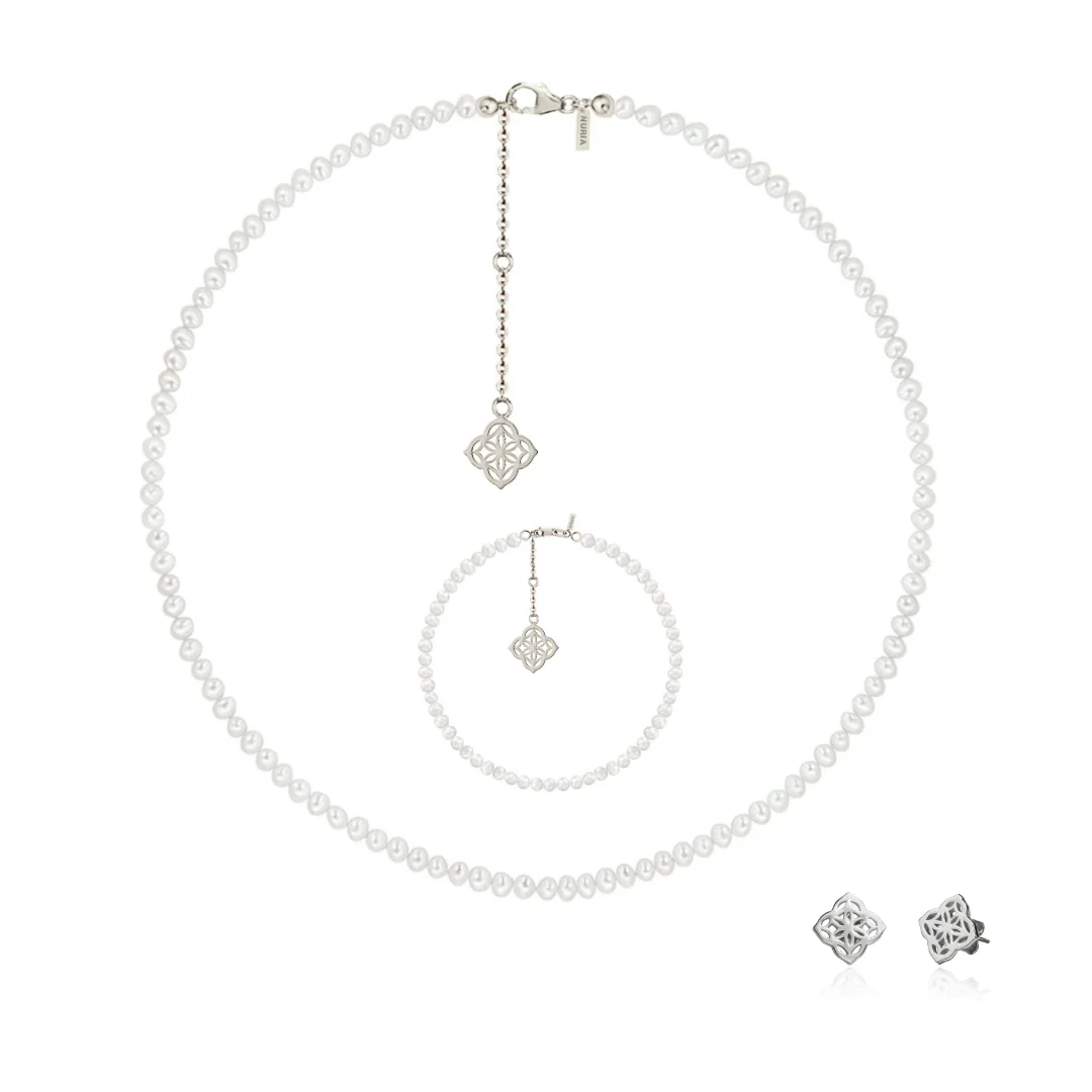 Set Colier, Brățară și Cercei din argint cu perle naturale de cultură mici Inimă Argintiu [1]