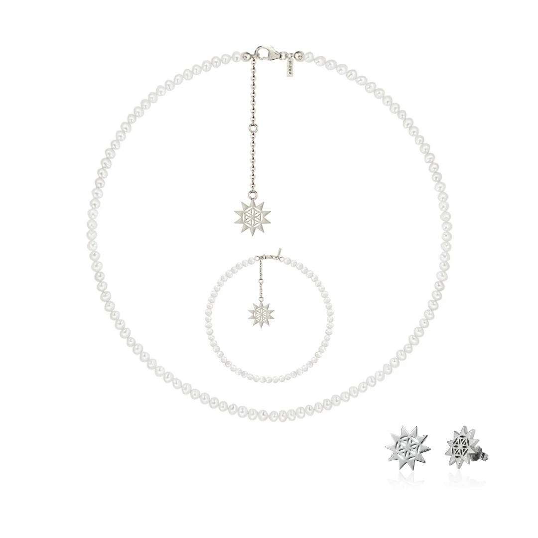 Set Colier, Brățară și Cercei din argint cu perle naturale de cultură mici Soare Argintiu [1]