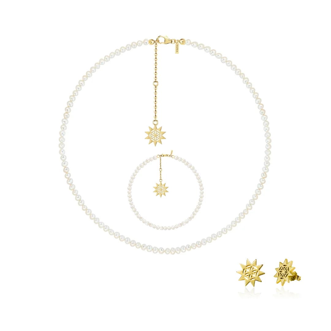 Set Colier, Brățară și Cercei din argint cu perle naturale de cultură mici Soare Auriu [1]