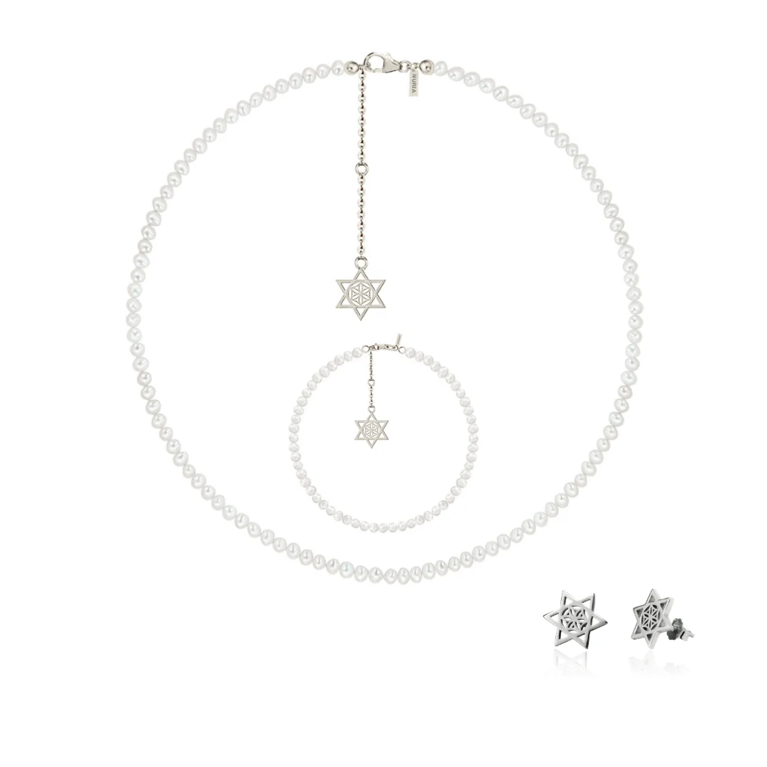 Set Colier, Brățară și Cercei din argint cu perle naturale de cultură mici Stea Argintiu [1]