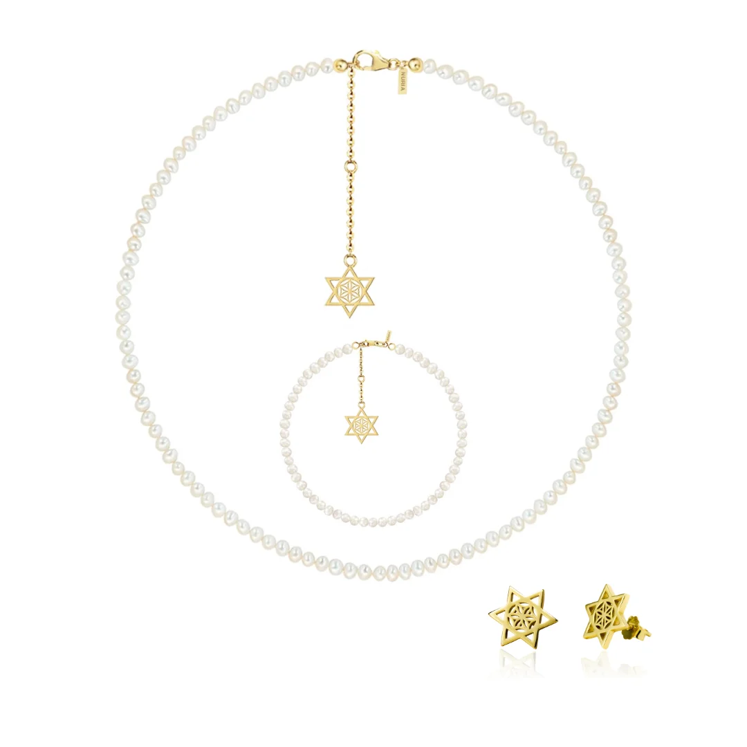 Set Colier, Brățară și Cercei din argint cu perle naturale de cultură mici Stea Auriu [1]