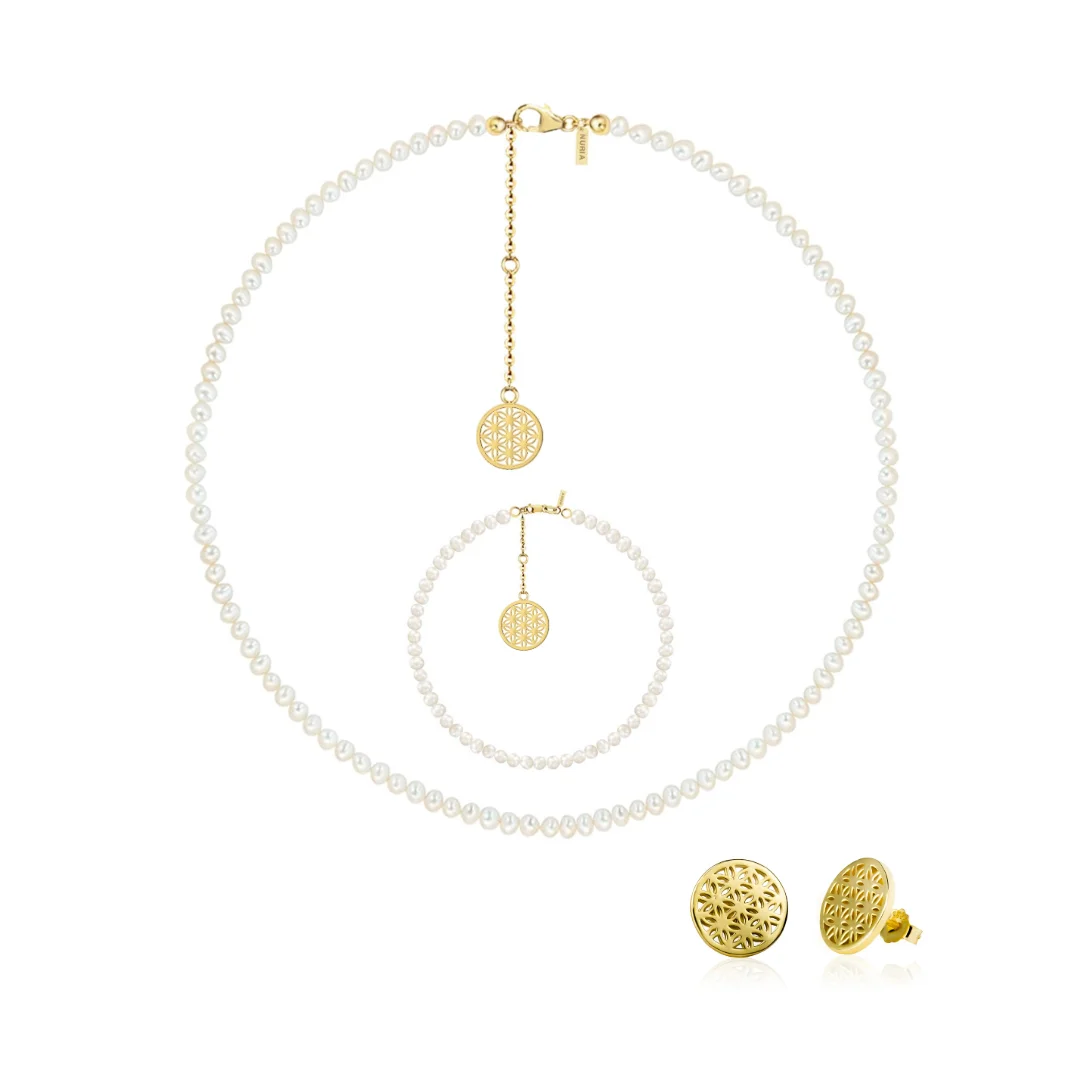 Set Colier, Brățară și Cercei din argint cu perle naturale de cultură mici Structură Auriu [1]
