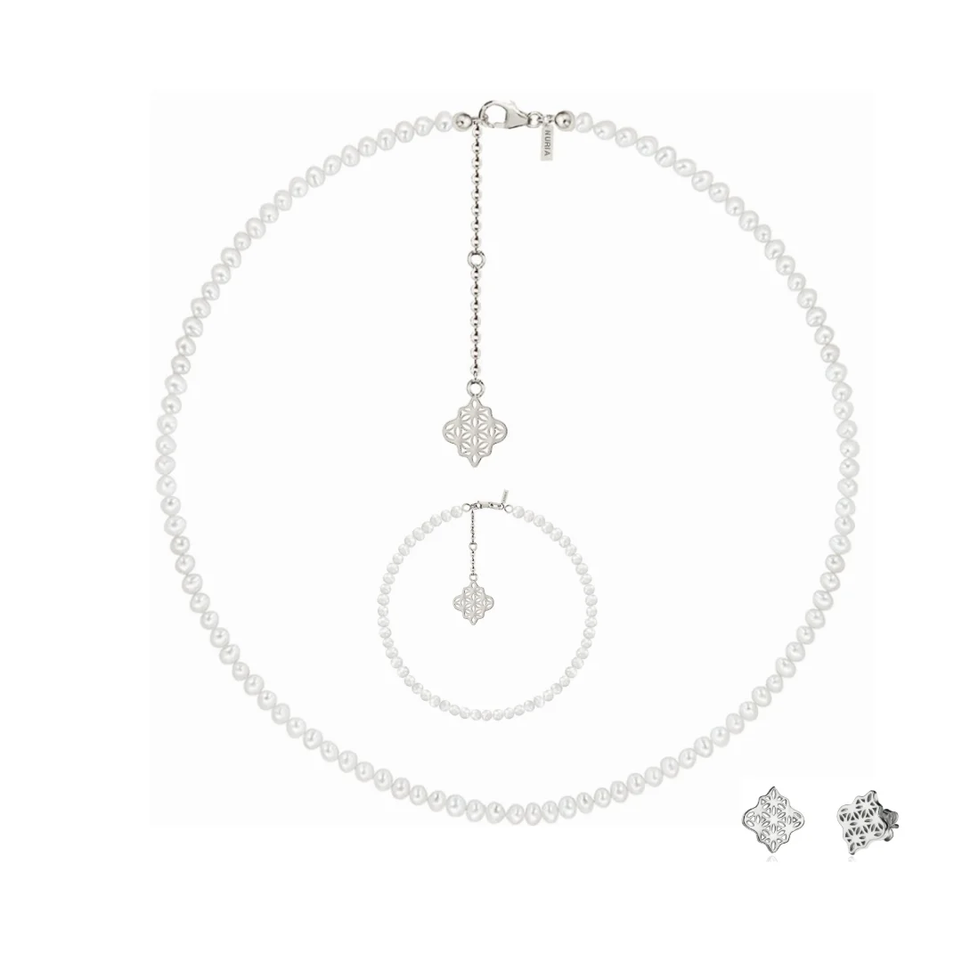 Set Colier, Brățară și Cercei din argint cu perle naturale de cultură mici Compas Argintiu [1]