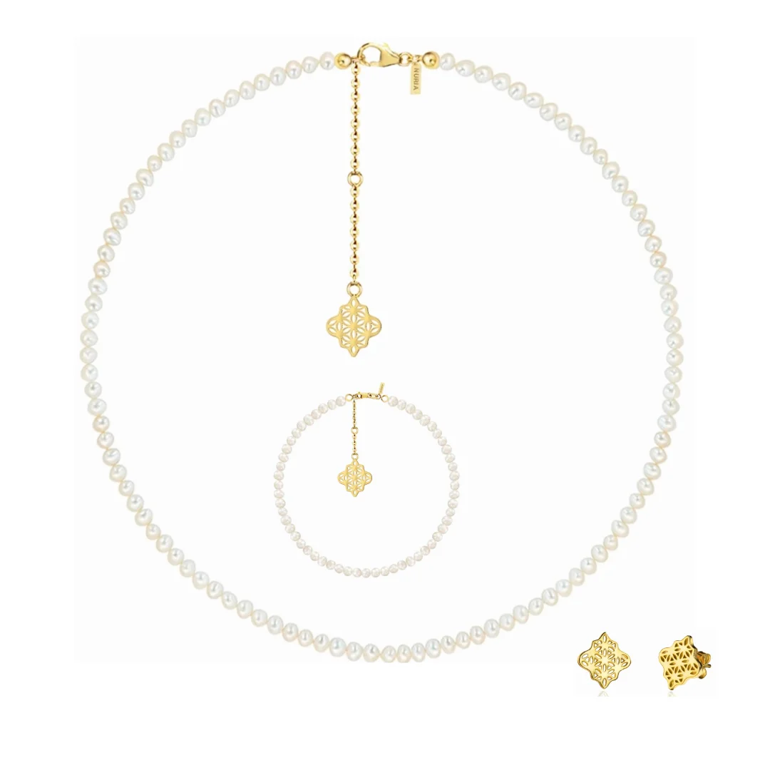Set Colier, Brățară și Cercei din argint cu perle naturale de cultură mici Compas Auriu [1]