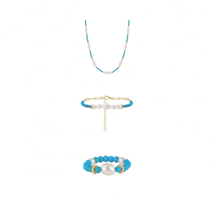 Set Colier, Brățară și Inel din Argint cu Perle Naturale și Piatră Naturală Turcoaz Turquoise Gold [1]
