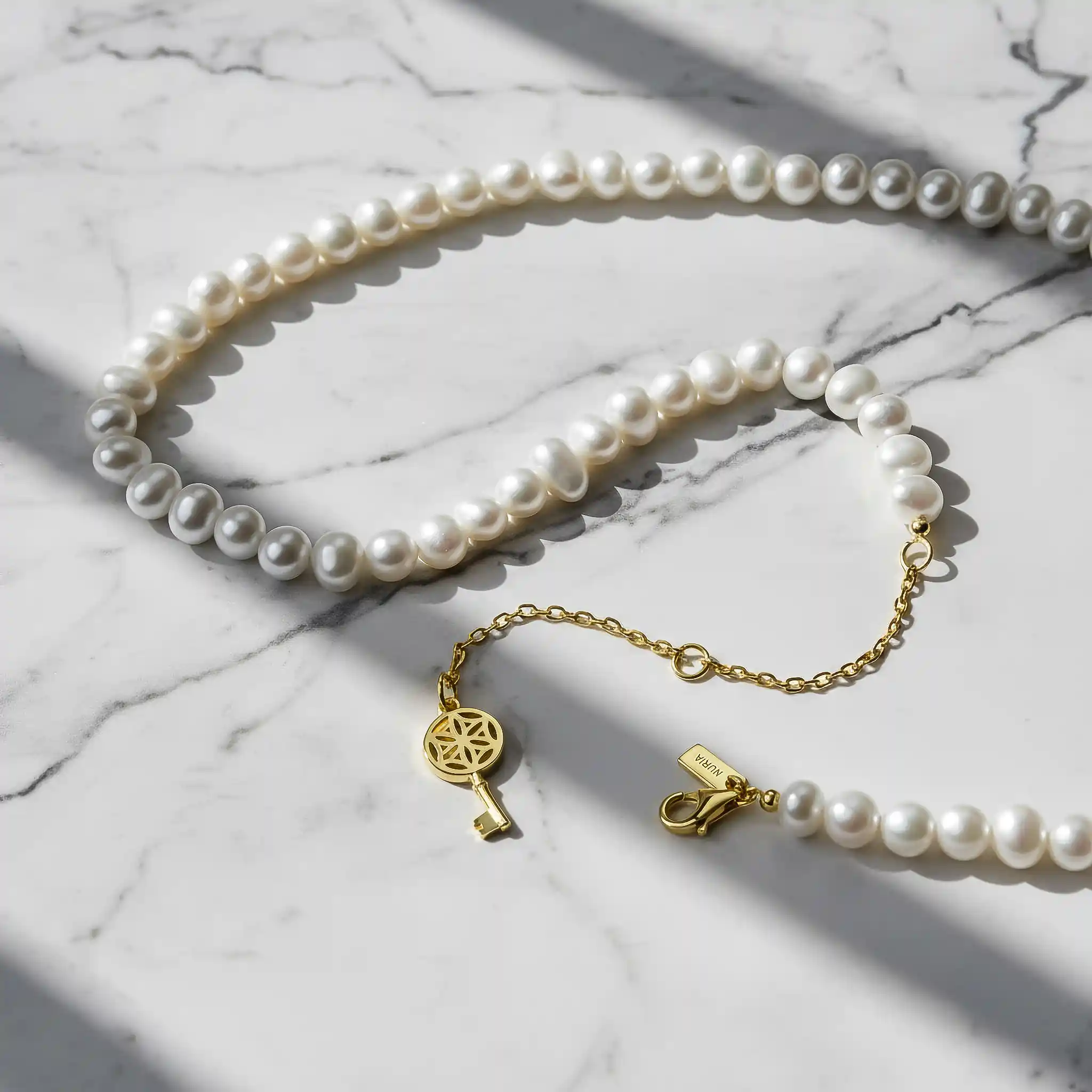 Set Colier și Brățară Argint cu perle naturale de cultură mari Cheie Auriu [2]