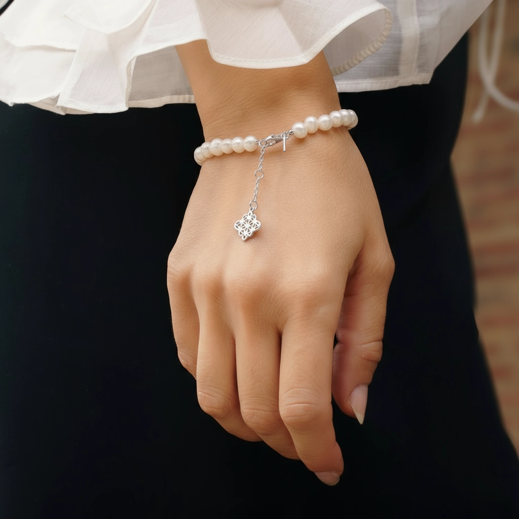 Set Colier și Brățară Argint cu perle naturale de cultură mari Compas Argintiu [4]