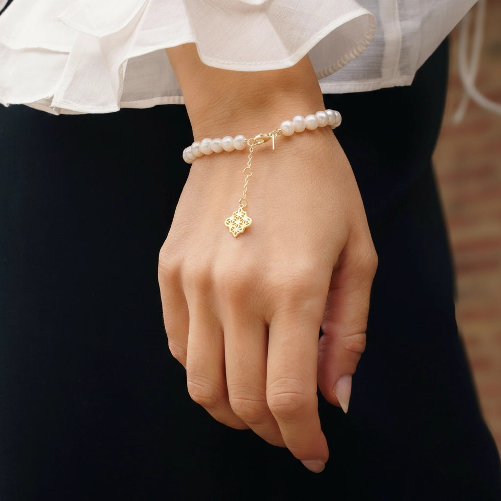 Set Colier si Brățară Argint cu perle naturale de cultură mari Compas Auriu [4]