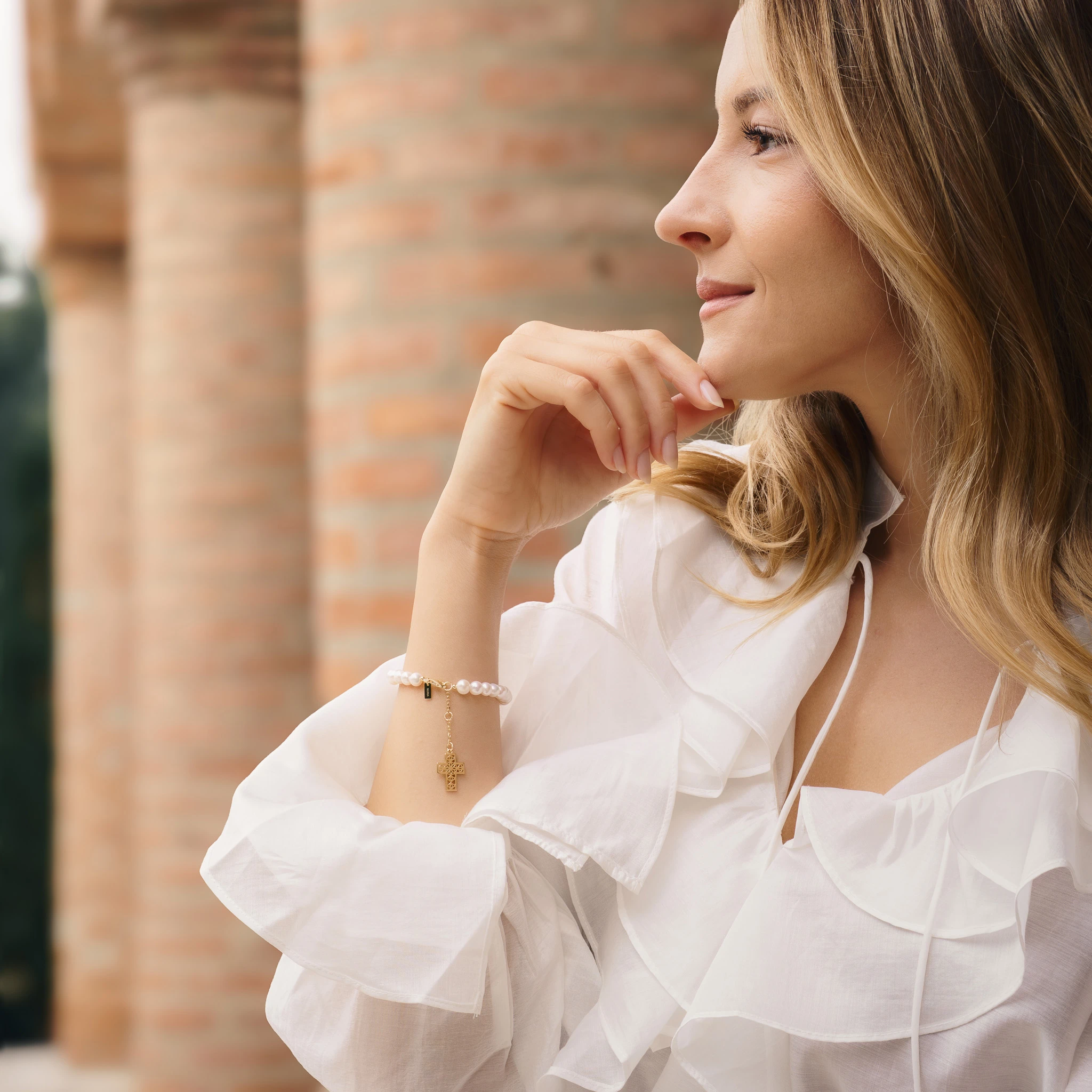 Set Colier și Brățară Argint cu perle naturale de cultură mari Cruce Auriu [4]