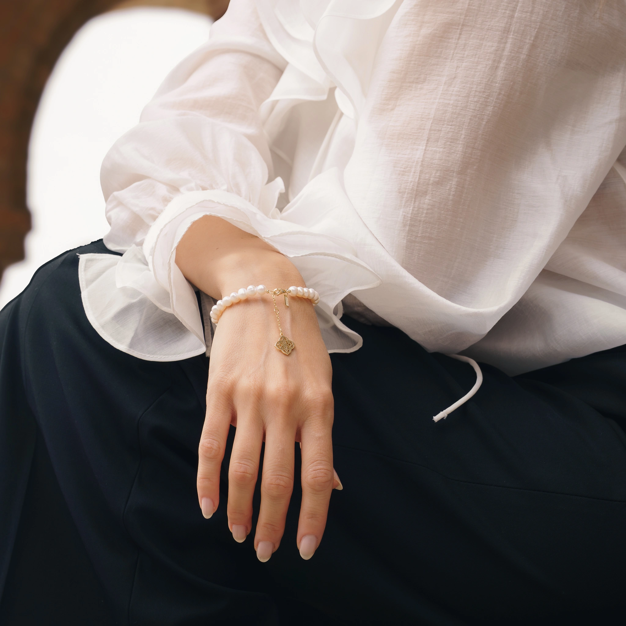 Set Colier și Brățară Argint cu perle naturale de cultură mari Inimă Auriu [4]