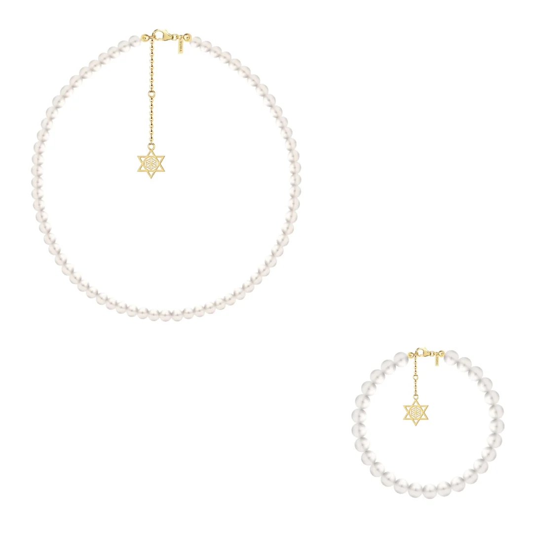 Set Colier și Brățară Argint cu perle naturale de cultură mari Stea Auriu [1]