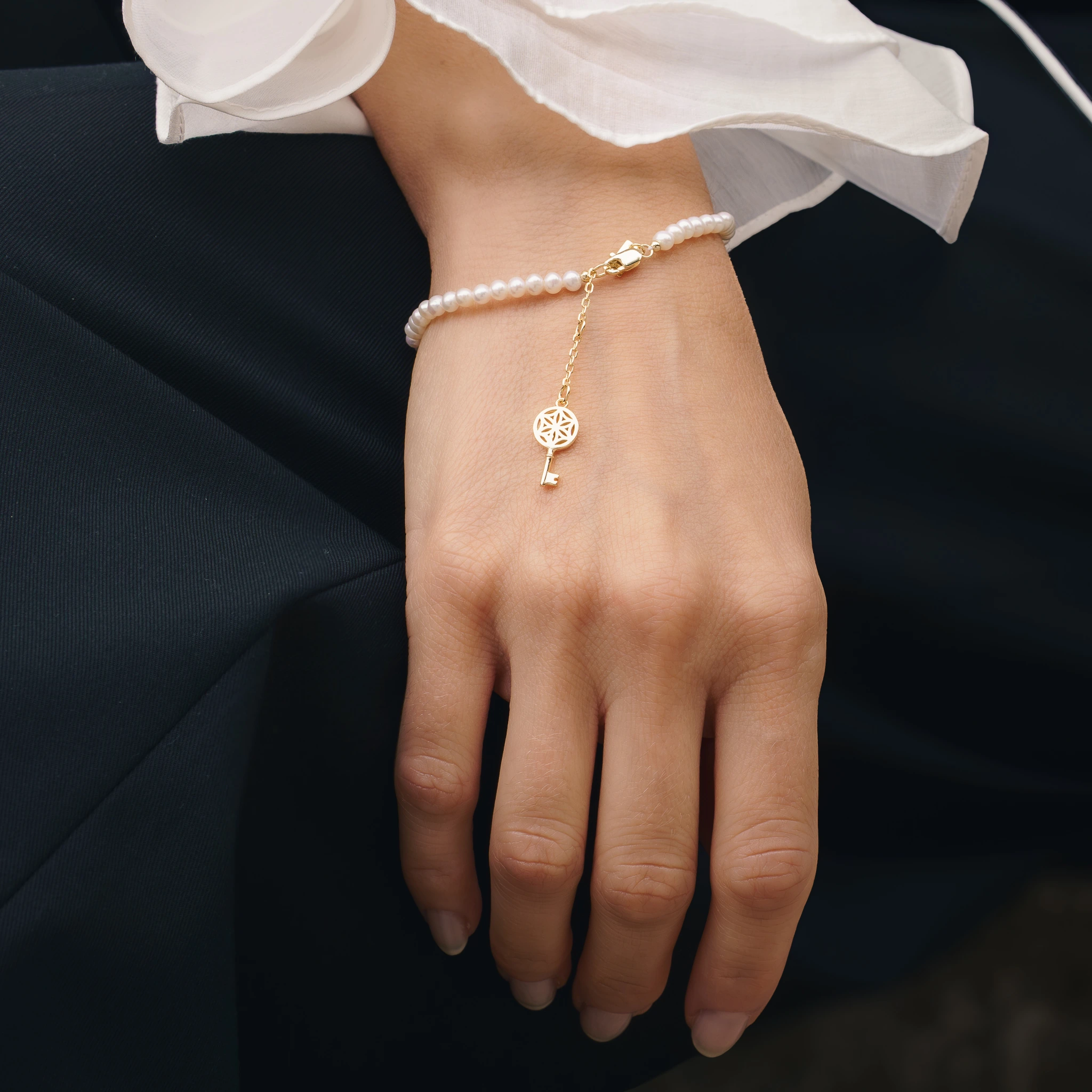 Set Colier și Brățară Argint cu perle naturale de cultură mici Cheie Auriu [3]