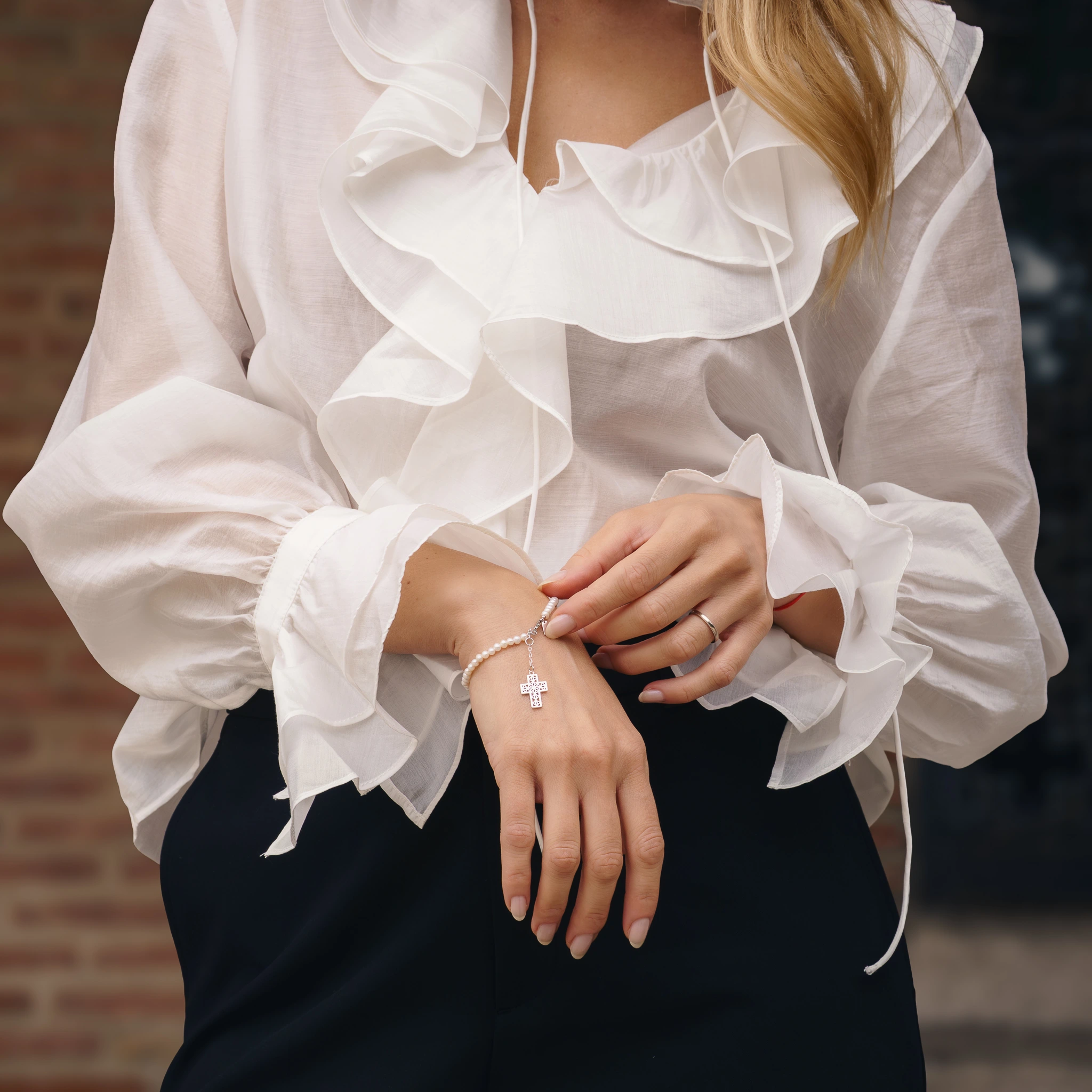 Set Colier și Brățară Argint cu perle naturale de cultură mici Cruce Argintiu [4]