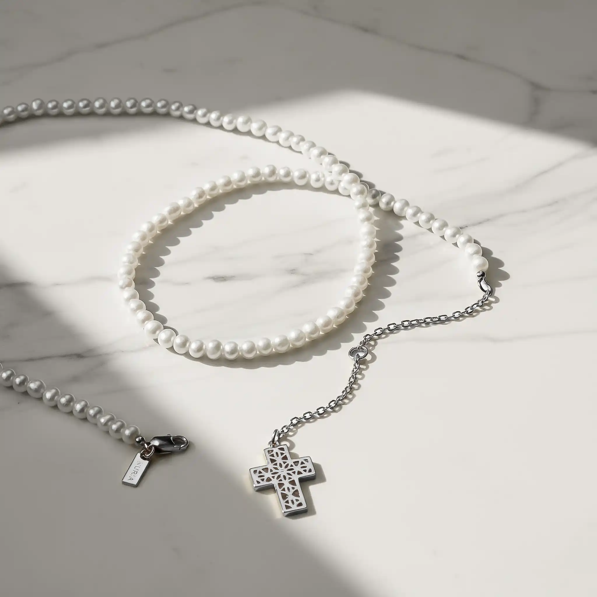 Set Colier și Brățară Argint cu perle naturale de cultură mici Cruce Argintiu [2]