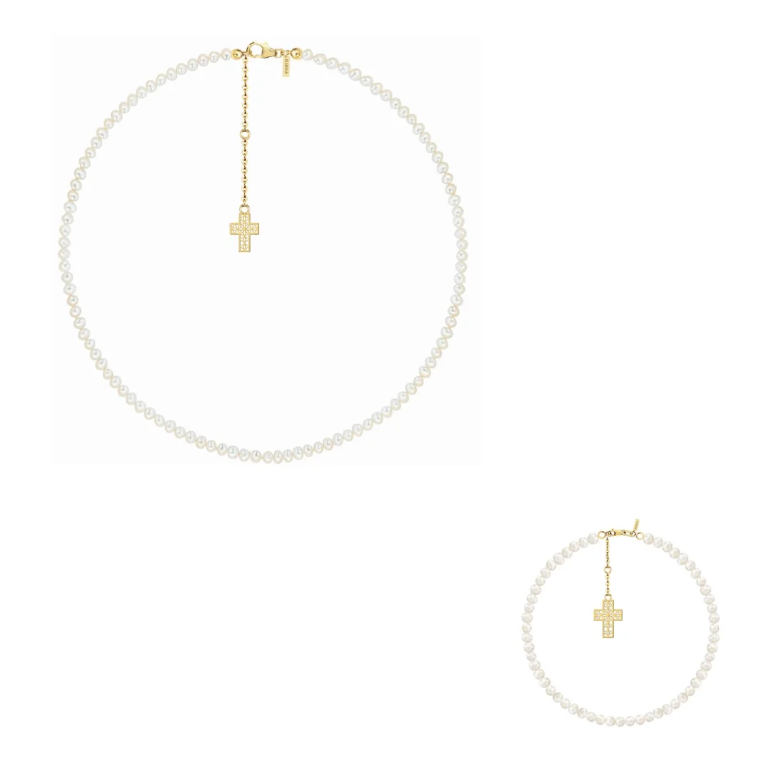 Set Colier și Brățară Argint cu perle naturale de cultură mici Cruce Auriu [1]
