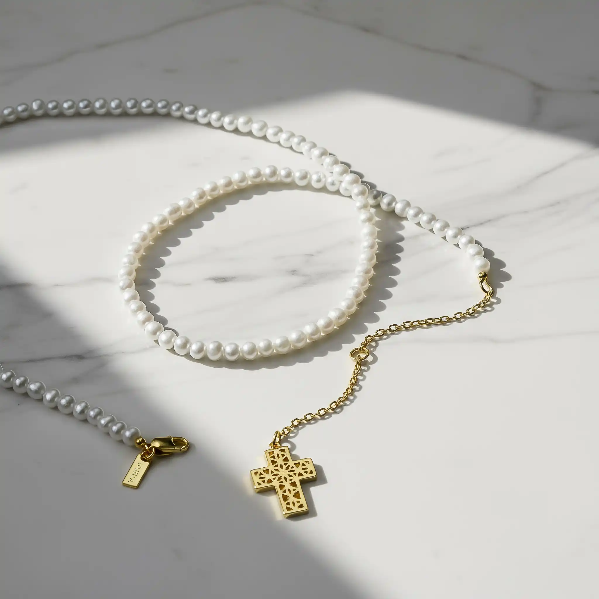 Set Colier și Brățară Argint cu perle naturale de cultură mici Cruce Auriu [4]