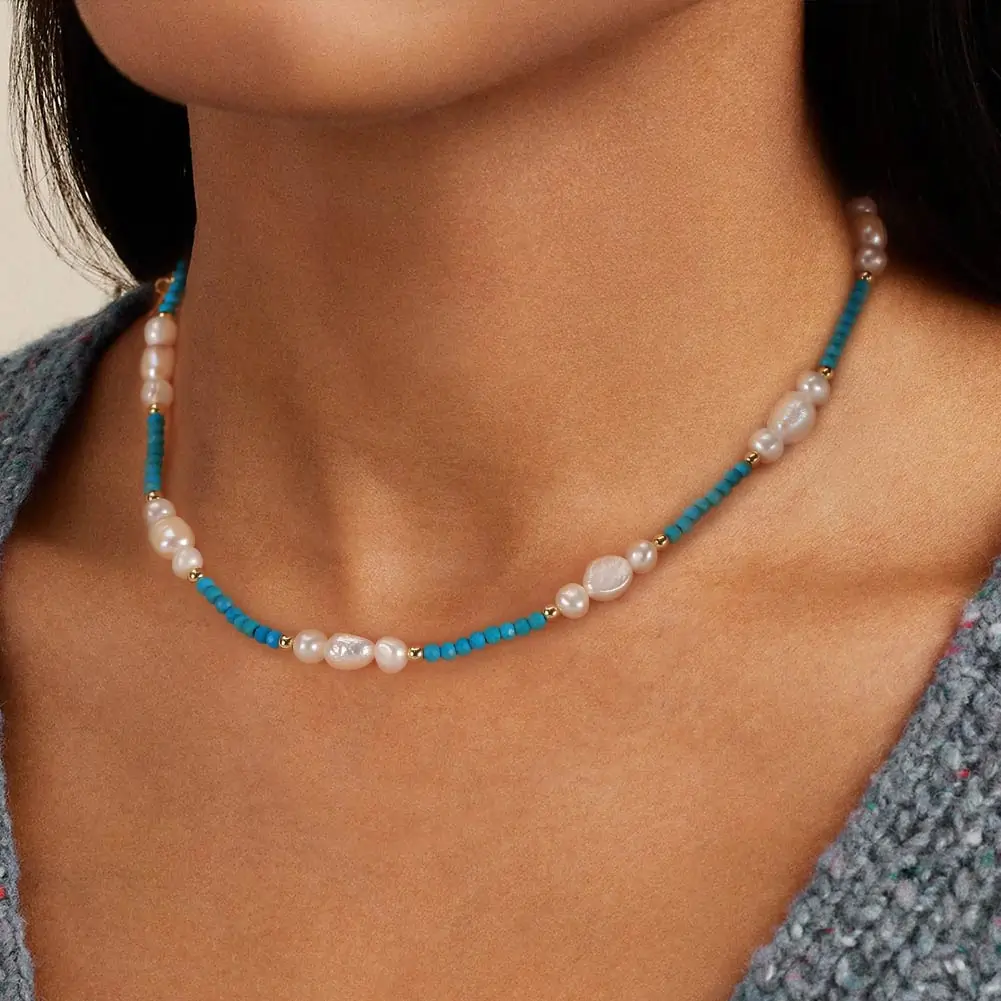 Set Colier și Brățară din Argint cu Perle Naturale și Piatră Naturală Turcoaz Turquoise Boho [4]