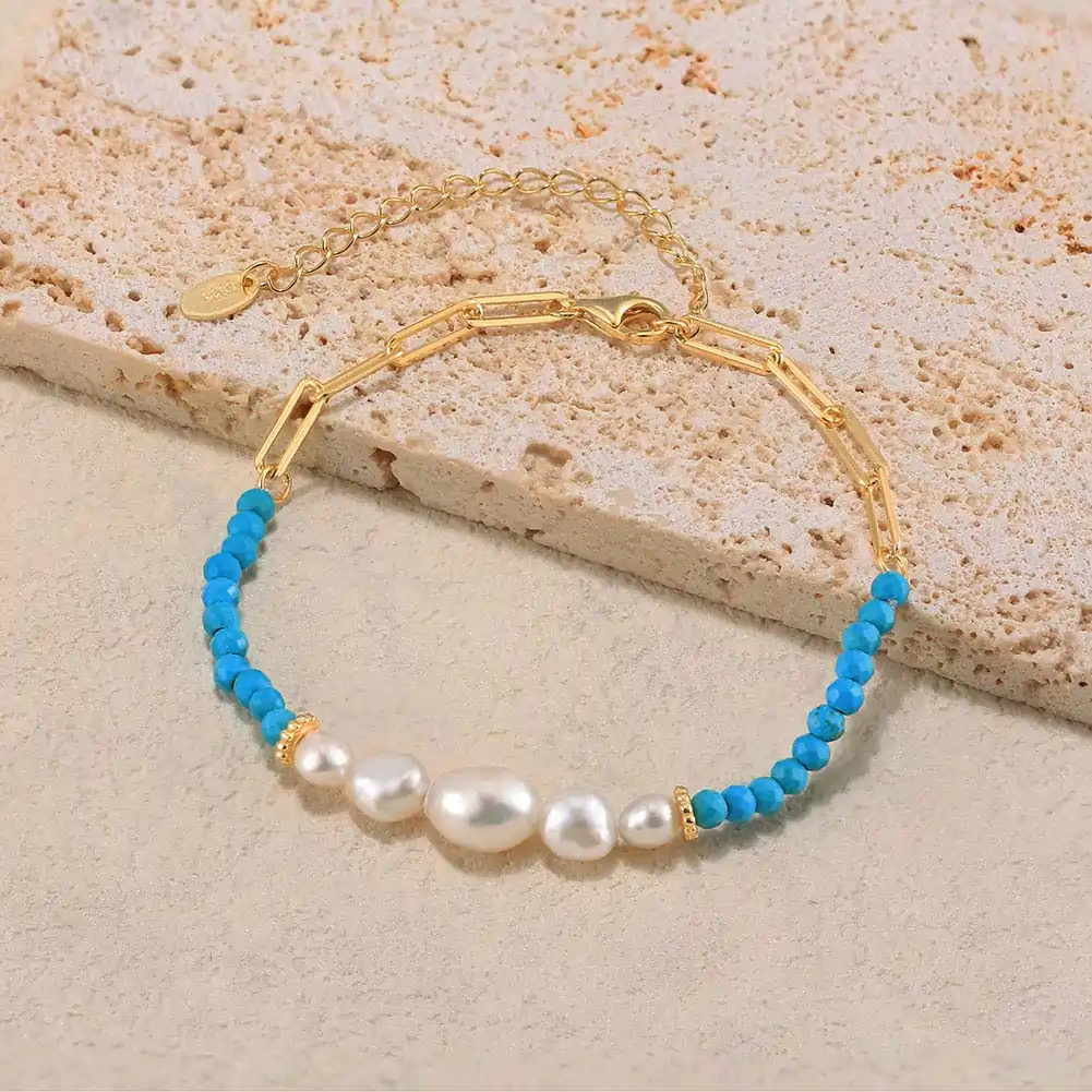 Set Colier și Brățară din Argint cu Perle Naturale și Piatră Naturală Turcoaz Turquoise Boho [5]
