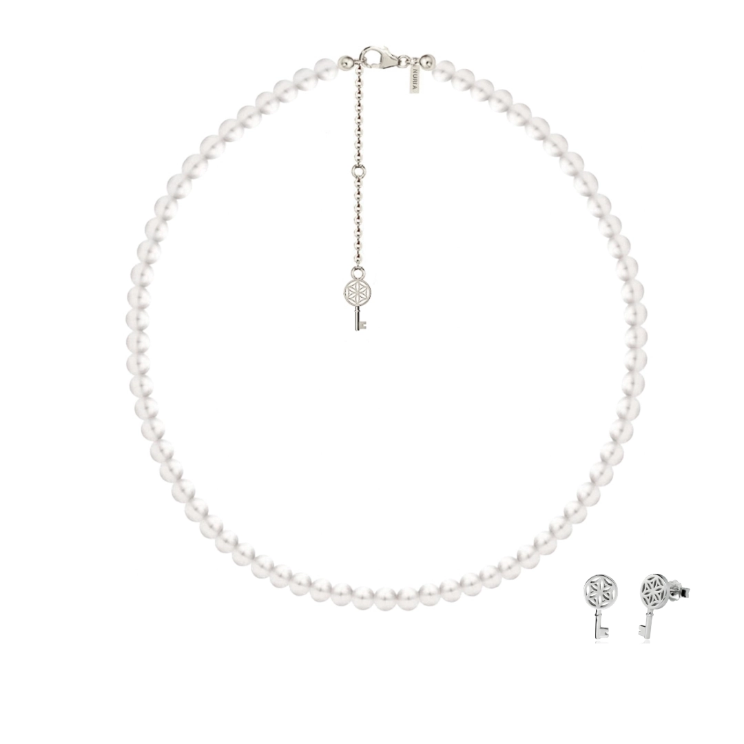 Set Colier și Cercei din argint cu perle naturale de cultură mari Cheie Argintiu [1]